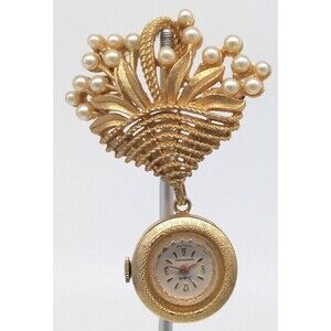 Sheffield Swiss Made Flower Basket Brooch Pin Watch Gold Tone Faux Pearls Vtg.